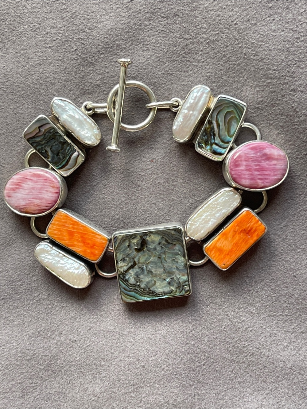 Vintage Sterling Silver Spiny Oyster Shell Abalone Biwa Pearl Layered Bracelet 7 - Picture 2 of 8